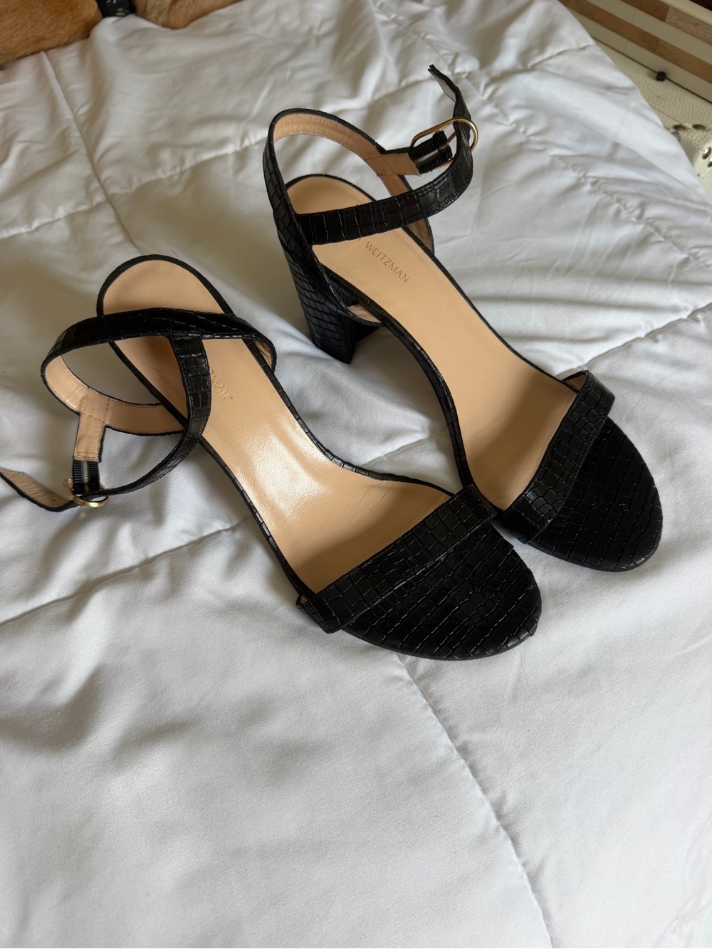 Stuart Weitzman Black Croc-Embossed Ankle Strap Block Heels